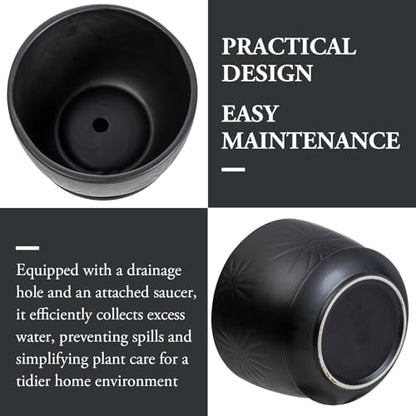 MyGift 7 Inch Black Ceramic Sunburst Planter Pot with Attached Saucer | Modern sunburst embossing adds texture and style to indoor greenery, while the drainage hole and attached saucer help protect - color: Matte Black
