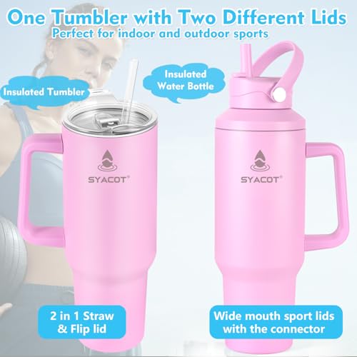 40 oz Tumbler with Handle and Straw or Convert to 40 oz Insulated Water Bottle Fits in Cup Holder. Stainless Steel Metal Water Flask with 2 Lids for Travel,Camping,Gym Sports Coffee Mug Thermal Cup - color: Lavender Purple