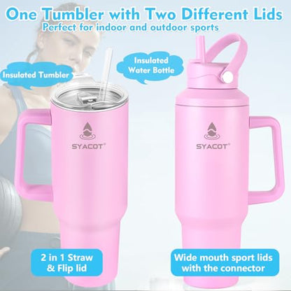 40 oz Tumbler with Handle and Straw or Convert to 40 oz Insulated Water Bottle Fits in Cup Holder. Stainless Steel Metal Water Flask with 2 Lids for Travel,Camping,Gym Sports Coffee Mug Thermal Cup - color: Lavender Purple