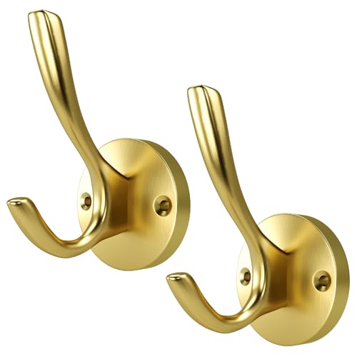 Gold Bathroom Towel Hooks Gold Coat Hooks 2 Pack Heavy Duty Brushed Towel Hooks Screws Solid Brass Wall Hooks for Hanging Coats, Hats, Jacket, Clothing and Keys in Bedroom Bathroom - color: Gold