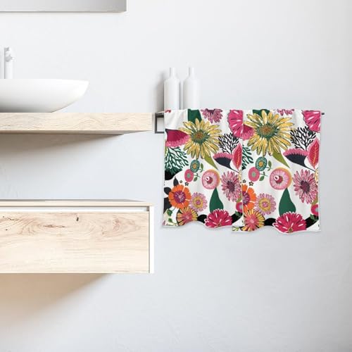Boho Floral Hand Towel Set of 2, Soft Absorbent Decorative Towels with Botanical and Butterfly Print for Home, Hotel, Spa, Gym, Kitchen, 28x14 Inches Flower-1
