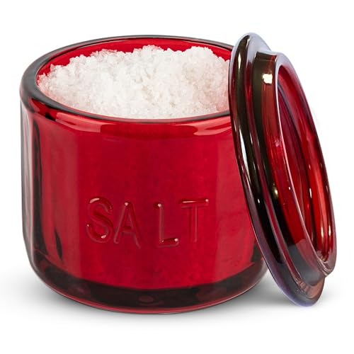 KooK Glass Salt Cellar, with Lid, Embossed Pressed Glass, Clear Storage Container, for Coffee, Sugar, Spices and Candies, 10 oz (Ruby Red) - color: Ruby Red