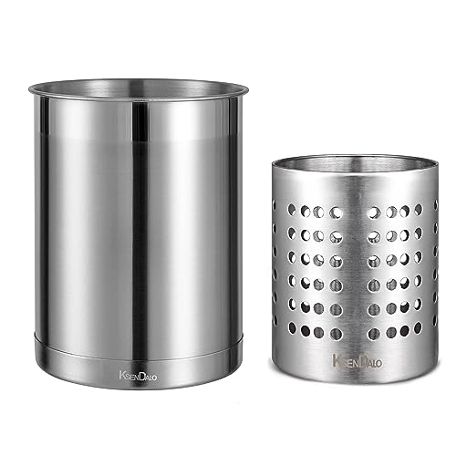 Stainless Steel Utensil Holder for Counter(2Pack), Brushed Silver Drying Metal Utensil Crock Canister for Cooking Utensils on Countertop, with Heavy Base, Dishwasher Safe, Silver