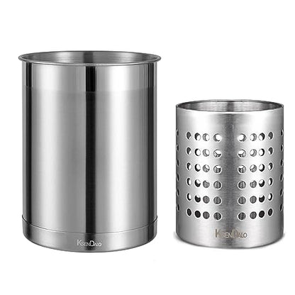 Stainless Steel Utensil Holder for Counter(2Pack), Brushed Silver Drying Metal Utensil Crock Canister for Cooking Utensils on Countertop, with Heavy Base, Dishwasher Safe, Silver