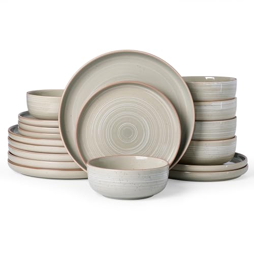 Famiware Meteor 18-Piece Stoneware Dinnerware Set, Matcha Green | Plates and Bowls for 6, Reactive Glaze with Speckles & Circles, Microwave/Dishwasher Safe, Chip/Scratch Resistant - color: Matcha Green, size: Service for 6 (Standard Dinner Set)