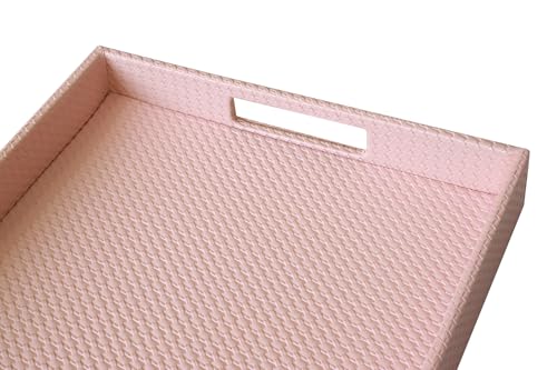 HofferRuffer Rectangle Serving Tray with Hole Handles for Coffee Table, Breakfast, Tea, Food, Butler - Countertop, Kitchen, Vanity Serve Tray, 16.2 x 12.2 x 2 inches, Faux Leather (Pink) - color: Pink