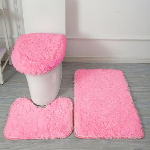 Pink Bathroom Rugs Sets 3Piece Bath Mat Solid Bath Rug Floor Mats Washable Shower Rug with U-Shaped Contour Rug Toilet Lid Cover - color: Pink, size: Set of 3