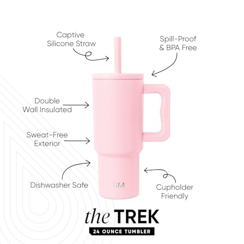 Simple Modern Kids 24 oz Tumbler with Handle and Silicone Straw Lid | Spill Proof and Leak Resistant | Reusable Stainless Steel Bottle | Gift for Kids Boys Girls | Trek Collection | Blush | Trek Kids Water Bottle, Toddler Cup | Insulated Stainless Steel,