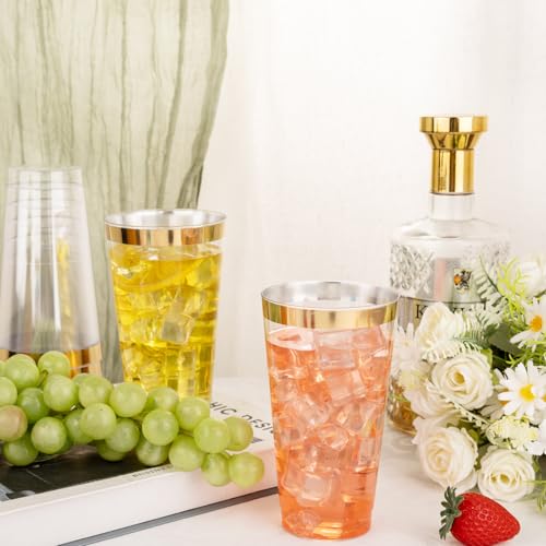 I00000 16 oz Gold Plastic Cups, 100 Pack Clear Plastic Cups with Gold Trim | Tumblers Gold Rimmed Disposable Cup, Heavy-duty, BPA-Free, Everyday Use, Disposable Cup Perfect for Birthday, Wedding & Party - color: 16-Gold-100