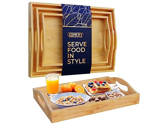 Comfify Bamboo Serving Trays – Set of 3 Ottoman Trays for Food, Entertaining, and Decor – Minimalist Design | Natural bamboo wood; for coffee table, breakfast tray and bathroom organizer; S: 12", M: 14.5", L: 16.25" – hand wash only - color: Bamboo (Natur