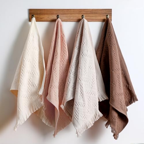 HunnmingRe 4 Pack Boho Hand Towel for Kitchen,Beige, Gray, Curry, Pink | 14x30 Inch, 100% Turkish Cotton, Summer Boho Decorative ,Towel Waffle ,Farmhouse Decor ,Absorbent Soft ,Guest Gift - color: Beige, Gray, Curry, Pink