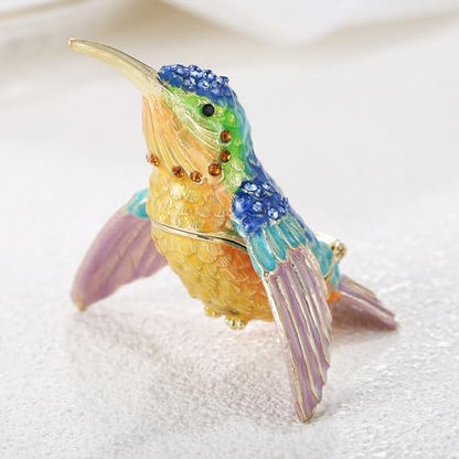 Hand Painted Trinket Box for Home Decor Accents, Enamel Hinged Jewelry Box for Bookshelf Office Table Desk Decoration, Classical Figurine Collectible Keepsake Animal Sculptures (Hummingbird)