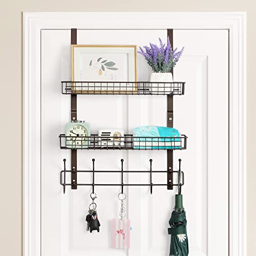 OYEAL Over The Door Hook Rack with 5 Hooks 2 Baskets Steel, Sturdy Durable Coat Rack Towel Hooks Hanging Organizer Shelves for Home Bedroom Bathroom Kitchen, Brown - color: Brown