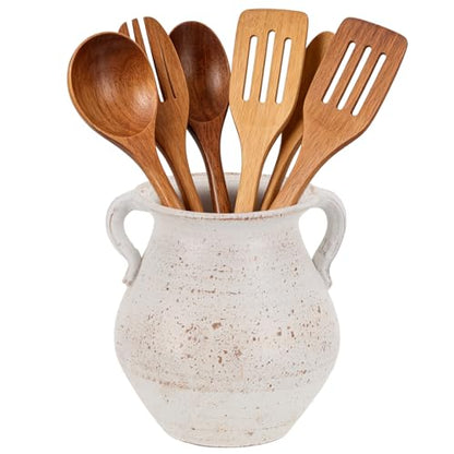 Rustic Ceramic Utensil Holder - 6.69 Inch Farmhouse Utensil Crock with Handles, Distressed Speckled Crock, Large Spatula Organizer for Cooking Tools, Kitchen Decor & Gift