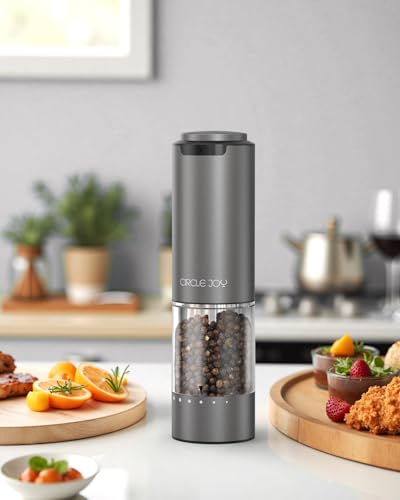 CIRCLE JOY Rechargeable Electric Salt and Pepper Grinder Set with Base, Aluminum Alloy Pepper Mills with 95ml Container, White LED Light and External Adjustable Coarseness, Space Grey - color: Rechargeable Aluminum Set with Base