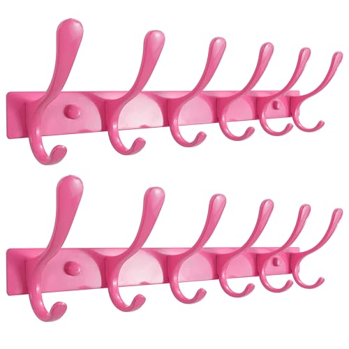 SKOLOO Wall Mounted Coat Rack - 6 Hooks, Pack of 2, Heavy Duty, Stainless Steel, Metal Wall Hanger, Sturdy Coat Hooks for Hanging Coats, Jackets, Clothes, Hats - Pink - color: Pink, size: 6 Hook(2 Pack)