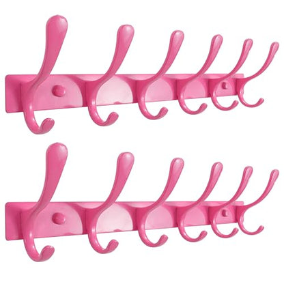 SKOLOO Wall Mounted Coat Rack - 6 Hooks, Pack of 2, Heavy Duty, Stainless Steel, Metal Wall Hanger, Sturdy Coat Hooks for Hanging Coats, Jackets, Clothes, Hats - Pink - color: Pink, size: 6 Hook(2 Pack)