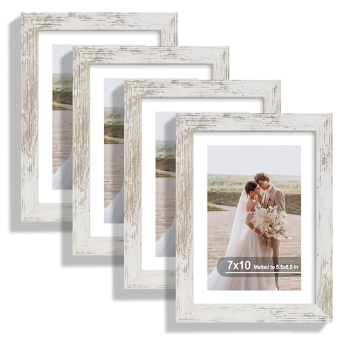 Hongkee 7x10 Picture Frame Set of 4, Made of Real Glass and Distressed White Frame - Display 5.5 x 8.5 Diploma Frame with Mat or 7x10 Without Mat, 7 by 10 Photo for Wall or Tabletop - color: Distressed White, size: 7x10 in