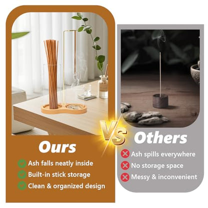 Anti-Ash Vertical Incense Holder-Glass Stick Burner with Wood Base | Mess-Free Ash Catcher for Meditation with Removable Glass Ash Catcher & Wood Base for Spa,Meditation,Yoga,Zen Home Decor