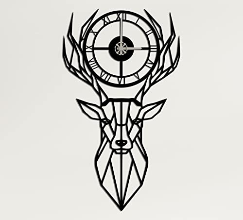 DEKADRON Metal Wall Clock, Metal Deer Head, Metal Wall Art, Metal Wall Decor, Geometric Wall Art, Wall Clock with Numbers (Black) - color: Black