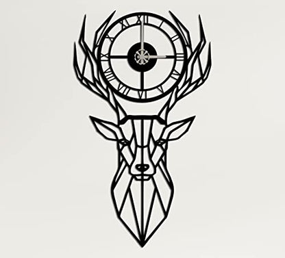 DEKADRON Metal Wall Clock, Metal Deer Head, Metal Wall Art, Metal Wall Decor, Geometric Wall Art, Wall Clock with Numbers (Black) - color: Black