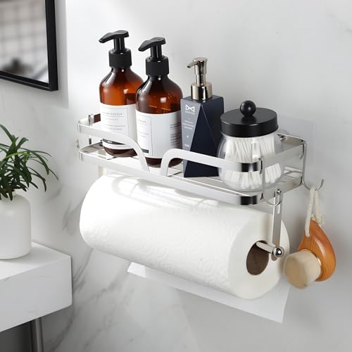 Taozun Paper Towel Holder with Shelf, Kitchen Paper Holder Wall Mount Spice Rack Paper Towel Roll Holder with 4 Hooks (2 Installation Methods - Self-Adhesive and Drilling), Silver - style: SP007 Silver