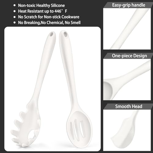 P&P CHEF White Kitchen Utensils, Silicone Cooking Utensil Set of 7 | Soft Spatula for Nonstick Cookware, Slotted Turner, Soup Ladle, Pasta Server, Spoon for Cooking, Dishwasher Safe & Heat Proof - color: White