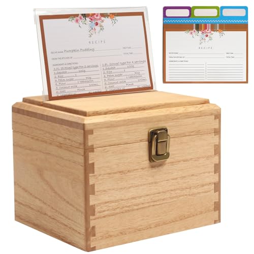 KIRIGEN Wooden Recipe Box with Cards and Dividers, 2 Compartments, Natural | Recipe Card Box Includes About 100 Cards, 100 Protectors, 12 Dividers, Acrylic Shield, Hinged Lid, and Metal Clasp - color: Natural