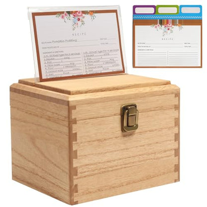 KIRIGEN Wooden Recipe Box with Cards and Dividers, 2 Compartments, Natural | Recipe Card Box Includes About 100 Cards, 100 Protectors, 12 Dividers, Acrylic Shield, Hinged Lid, and Metal Clasp - color: Natural