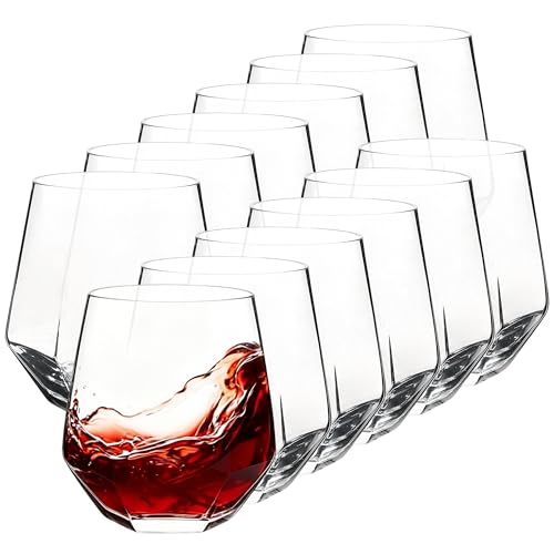Diamond Wine Glasses Set of 12, 11 oz Stemless Tumbler Glasses | Clear Glass for Wine, Cocktail, Whiskey, Juice, Soda - Ideal for Parties, Home Bar, Daily Use & Gift Giving