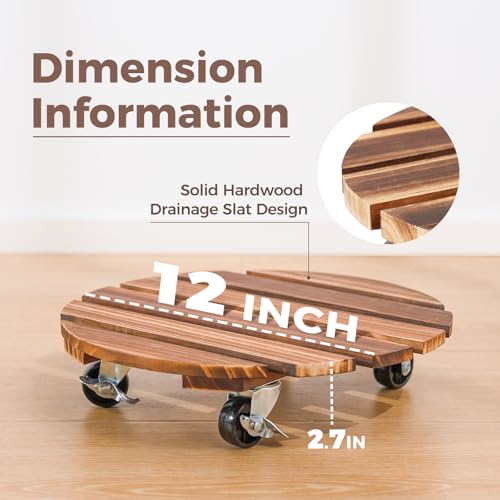 Bamworld Plant Stand with Wheels Plant Caddy Outdoor 4 Pack 12in Rolling Planter Caddy with Swiveling and Lockable Caster for Indoor Patio Plant Dolly Wood Wheeled Mobile Roller - size: 12inch-Round-4 pack