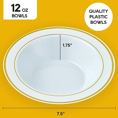 100PCS Plastic Bowls with Gold Rim 12oz Disposable Soup Bowls | Plastic Bowls for Christmas Thanksgiving Premium Dessert Salad Bowls for Wedding/Party/Halloween - color: Gold, style: 100Count