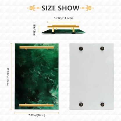 Dark Green Marble Acrylic Vanity Tray with Handles Non-Slip Decorative Bathroom Tray Jewelry Perfume Makeup Organizer for Dresser Kitchen Counter, 7.87 x 11.81 in