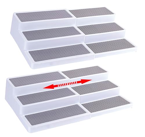 Oizeir Plastic 3-Tier Expandable Spice Rack, Adjustable Length, Stability with Non-Skid Shelf, For Easy Visibility, Organizer for Kitchen Cabinet, Pantry or Countertop, (2-Pack), White/Grey | Expandable Plastic Spice Rack Organizer, Adjustable Length 3 Ti