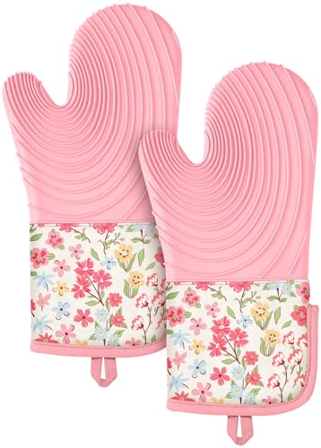 Slohif Long Silicone Oven Mitts Heat Resistant for Women - 2 Pcs Pink-Green Flower 100% Cotton Oven Gloves, Non-Slip and Waterproof Silicone Oven Mitts with Hanger for Baking and Cooking - color: Pink Green Flower