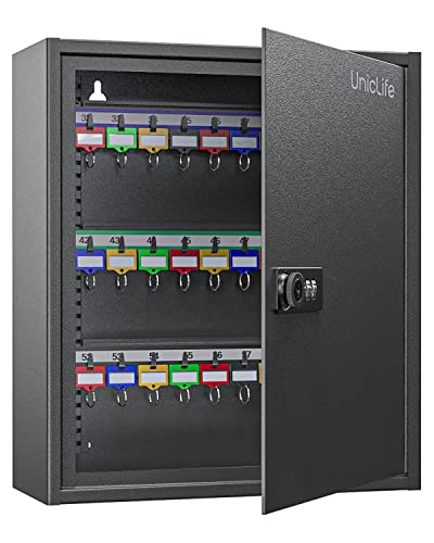 Uniclife 60 Position Steel Key Cabinet with Combination & Key Lock, Black | Wall mount key box, resettable 4-digit code lock, 2 backup keys, thickened steel, large capacity, adjustable racks & labels - color: Black, size: 60 Keys
