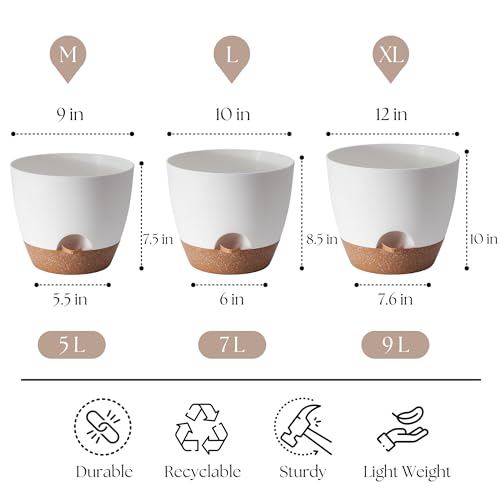 TYMENSH Plant Pots 12/10/9 Inch Set of 3, Self Watering Planters with Drainage Holes and Water Reservoir, Heavy Duty Plastic Flower Pots for Indoor Outdoor Plants, White