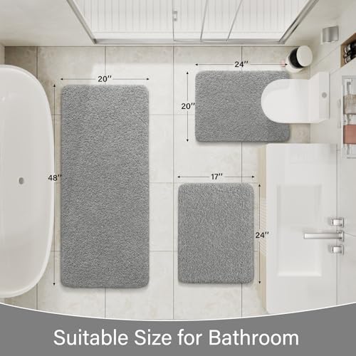 LOCHAS Bathroom Rugs Sets 3 Piece, Long Bath Mat Set Non Slip, Grey | Washable Absorbent Toilet Rug, Shaggy Soft Cozy Quick Dry - color: Grey, size: 48" x 20" + 24" x 17" + U Shape 24" x 20"