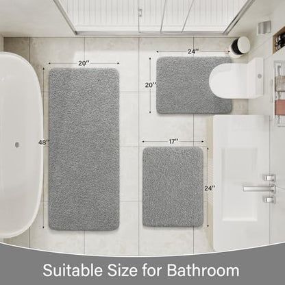 LOCHAS Bathroom Rugs Sets 3 Piece, Long Bath Mat Set Non Slip, Grey | Washable Absorbent Toilet Rug, Shaggy Soft Cozy Quick Dry - color: Grey, size: 48" x 20" + 24" x 17" + U Shape 24" x 20"