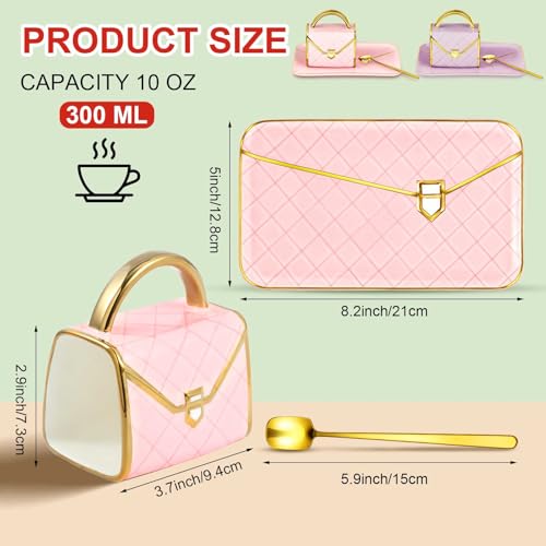 Zubebe 2 Set Coffee Mug Elegant Handbag Shaped Cup Modern Ceramic Purse Mug with Spoon and Saucer, 10oz Cute Creative Tea Cup for Woman Girls Gift (Pink,Purple) - color: Pink, Purple