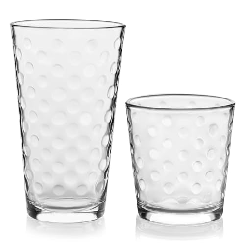 Libbey Awa Polka Dot Tumbler & Rocks Drinking Glasses Set of 16, Glass Cups | 16 oz and 13 oz Capacity Vintage-Inspired Polka Dot Texture for Water, Juice, Cocktails & More, Dishwasher Safe Cleanup - color: 07 - Awa