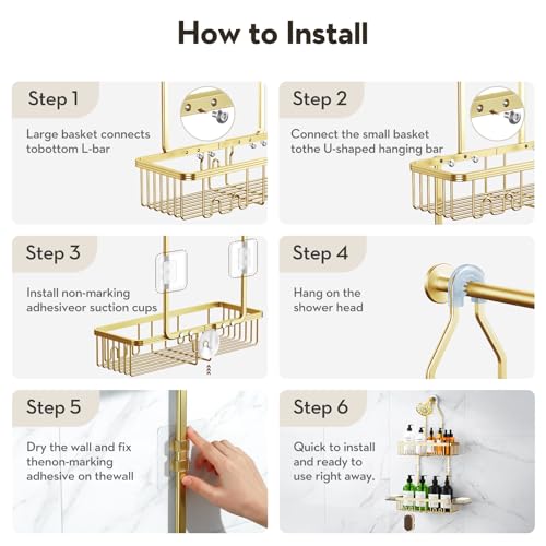 Shower Caddy Hanging, Shower Organizer Hanging, Aluminum Shower Racks for Inside Shower with Hooks for Razor, Never Rust Bathroom Organizers and Storage with Soap Holder, Gold