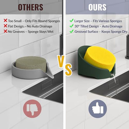 NiHome Silicone Sponge Holder for Kitchen Sink, Fits Scrub Daddy Mommy | Self-Draining Dispenser Organizer Tray, Sink Caddy Countertop Fits Soaps, Scrubber, Dishwasher Safe, Includes Brush - color: Dark Green