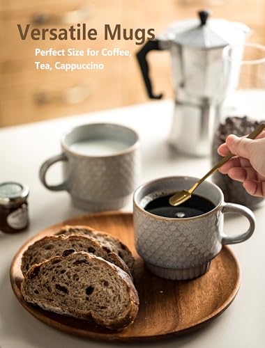 Gomakren Stackable Coffee Mugs Set of 4 Coffee Cups with Stand, Light Gray | 13oz Ceramic Embossed Grid Mugs, Black Metal Storage Rack, Lead-Free Dishwasher Safe, with Gold Spoons for Home Coffee Bar - color: Light Gray