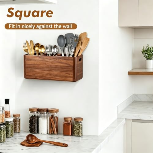 Kitchen Utensil Holder for Counter or Countertop, Extra Large Acacia Wood Organizer with 4 Compartments, Wooden Utensil Holder for Cooking and Silverware, Rustic Wood Container Sturdy Utensil Crock