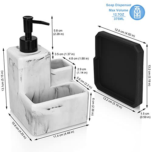 Soap Dispenser with Sponge Holder and Brush Holder,White Marble 3 in 1 Liquid Hand Dish Soap Dispenser and Sponge Holder Sink Caddy Organizer for Kitchen Bathroom,Removable Bottom Tray