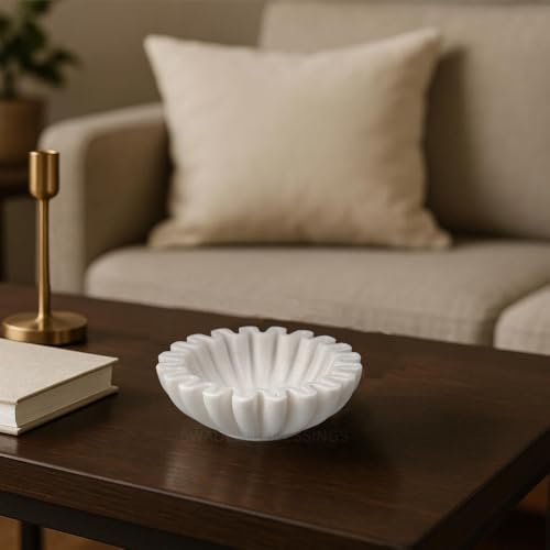 SWADESHI BLESSINGS Handcrafted Marble Ruffle Bowl for Home Decor, 6" | 100% Real White Marble, Catch-all Scalloped Fluted Decorative Bowl for Ring Dish, Fruit Bowl, Coffee&Dining Table, Gift-Ready - size: 6 Inches