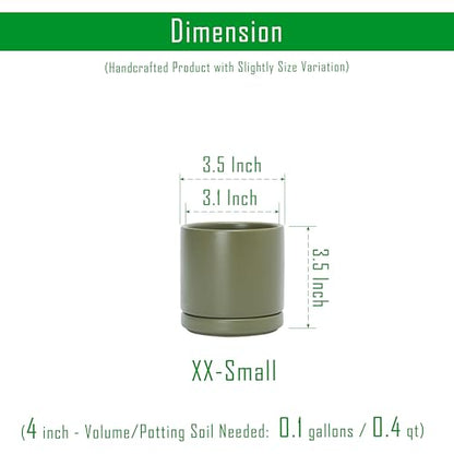 D'vine Dev 4-Pack Ceramic Pots with Saucers, Olive, 3.5 in, 94-X-A-0 | Glazed Ceramic, Drainage Hole and Saucer, Sleek Cylinder Shape, High Temperature Fired, Ideal for Small Houseplants - color: Olive, size: 3.5 Inch