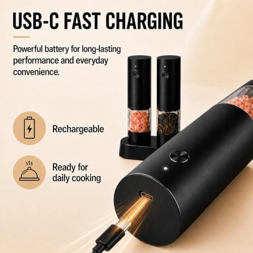 Automatic Electric Salt And Pepper Grinder Set Rechargeable Pepper Shakers | Electric Salt And Pepper Mill with Adjustable Coarseness, Upgraded large capacity, Kitchen Appliances Gifts for Women Men