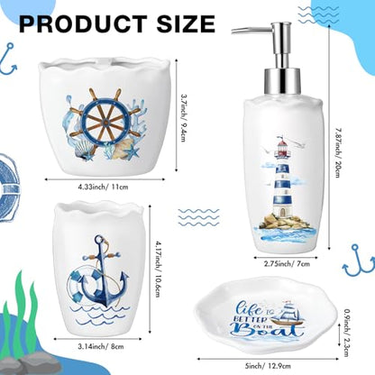Nautical Bathroom Accessories Set of 4, Coastal Lighthouse Compass Anchor Sailboat Tumbler Soap Dispenser Toothbrush Holder Soap Dish for Ocean and Sea Coastal Theme Bathroom Decoration - style: Nautical